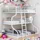 preview thumbnail 1 of 7, Full XL over Twin XL over Queen Size Triple Bunk Bed with Ladders, White Metal Frame, Industrial Style