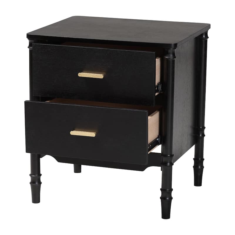 Marisela Black Wood Nightstand with Gold Handles - 2-Drawer Bedside Table with Bamboo-Inspired Legs, Bedroom or Guest Room