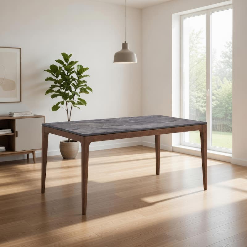 Evis 63 Inch Dining Table, Marble Grain Faux Stone Top, Walnut Brown Wood