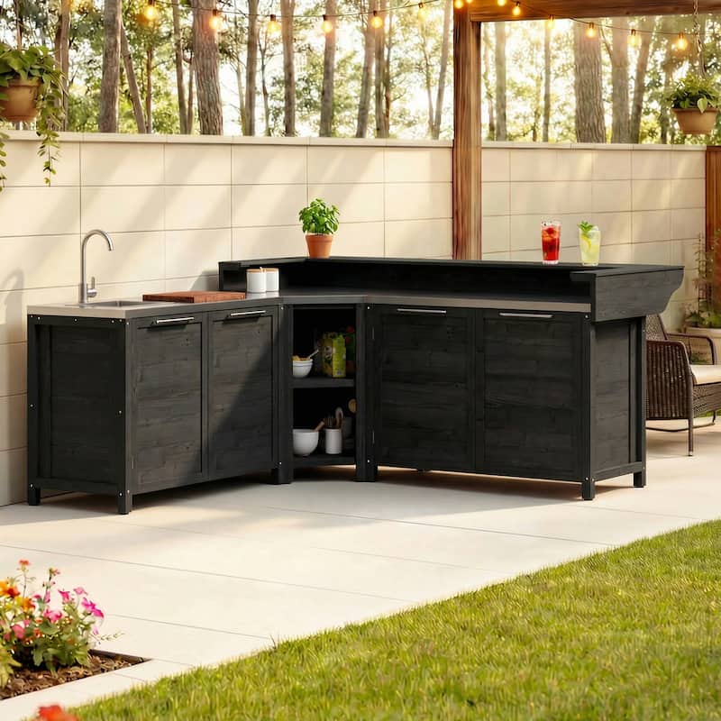 Outdoor BBQ Kitchen Cabinet Set, 100% Solid Wood Patio Kitchen Storage Stainless Steel Countertop
