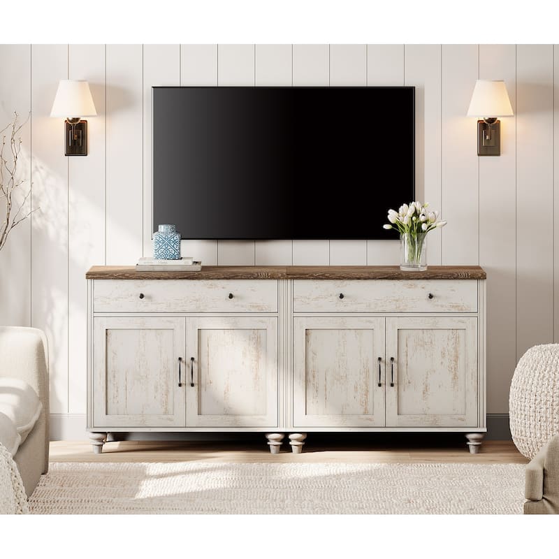Farmhouse TV Stand for 75 inch TV, TV Console with Storage - 68Inch - Rustic White