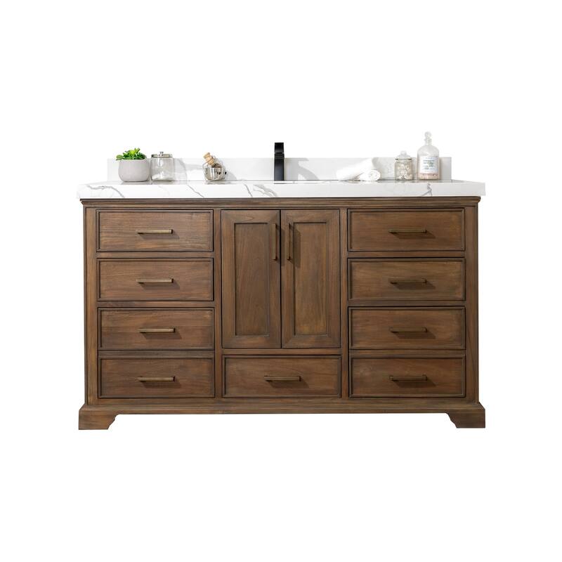 Willow Collections 60 in. W x 22 in. D Charlotte Teak Single Sink Bathroom Solid Teak Vanity with Countertop - 2" Calacatta Laza - Grey