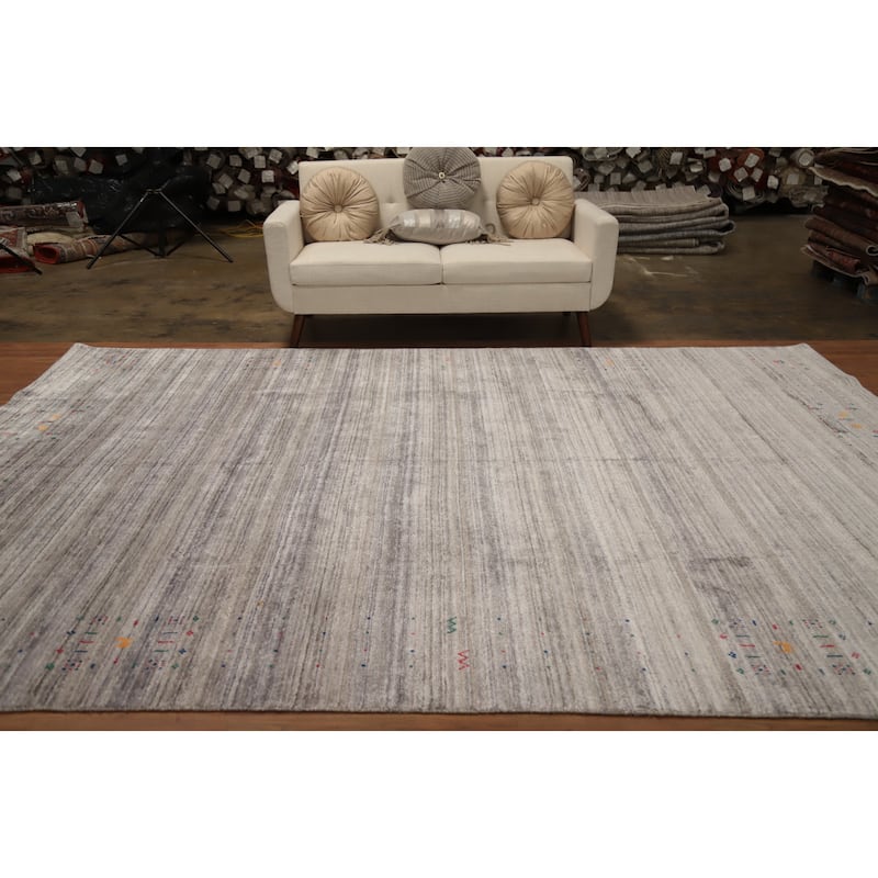 Hand Knotted Oriental Viscose Silk Carpet Tribal Animal Pictorial Greys & Charcoal Gabbeh Area Rug - 11' 8'' X 8' 6''