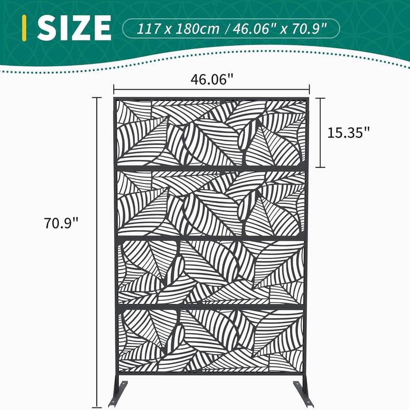 1pcs 72 in H x 46 in W Metal Privacy Screen Panel Freestanding Rust-Resistant Outdoor Divider Leaf Style