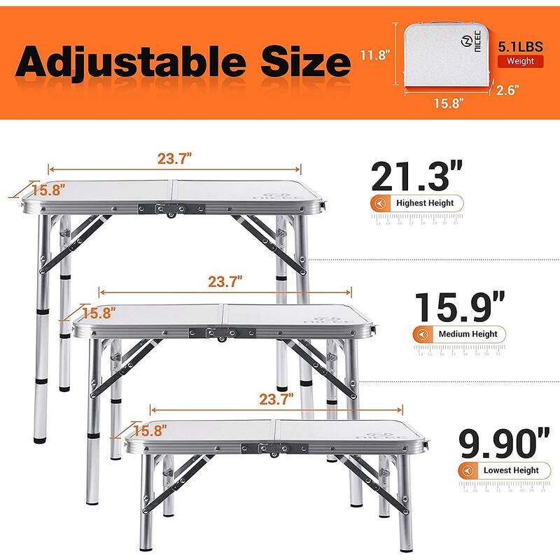 Folding Card Table Adjustable Height, Portable Camping Table Lightweight Aluminum, with Carry Handle for Outdoor, Beach