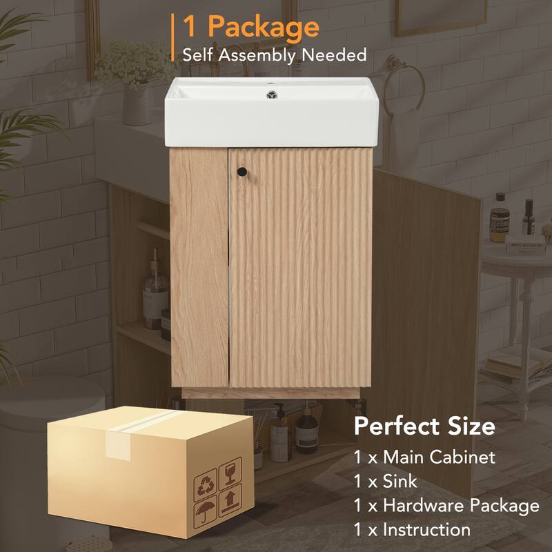 22" Bathroom Vanity with Ceramic Sink - Freestanding Modern Wood Grain Cabinet, Open & Closed Storage for Small Bathrooms