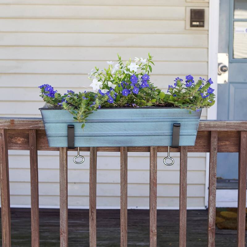 Achla Designs 22" W Rectangle Galvanized Steel Flower Box w/ Black Wrought Iron Clamp-On Brackets, Planter