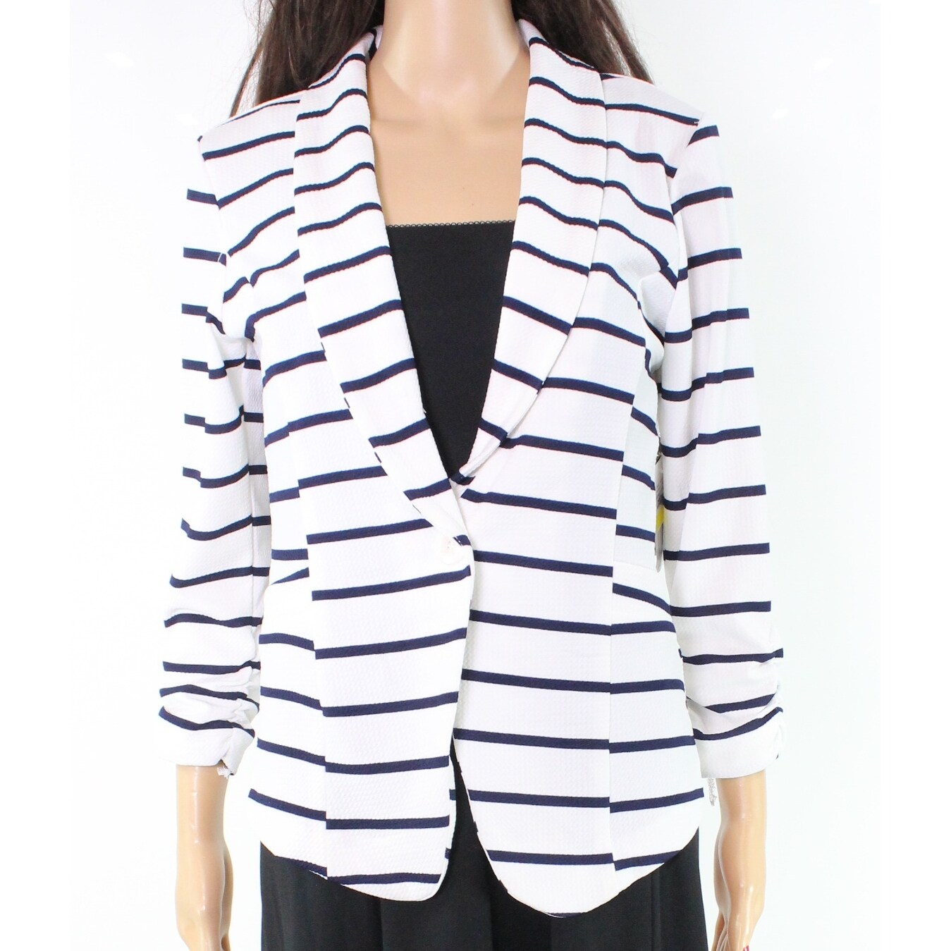 Shop Stoosh New White Blue Striped Ruched Sleeve Medium M One Button Jacket Overstock 20044665