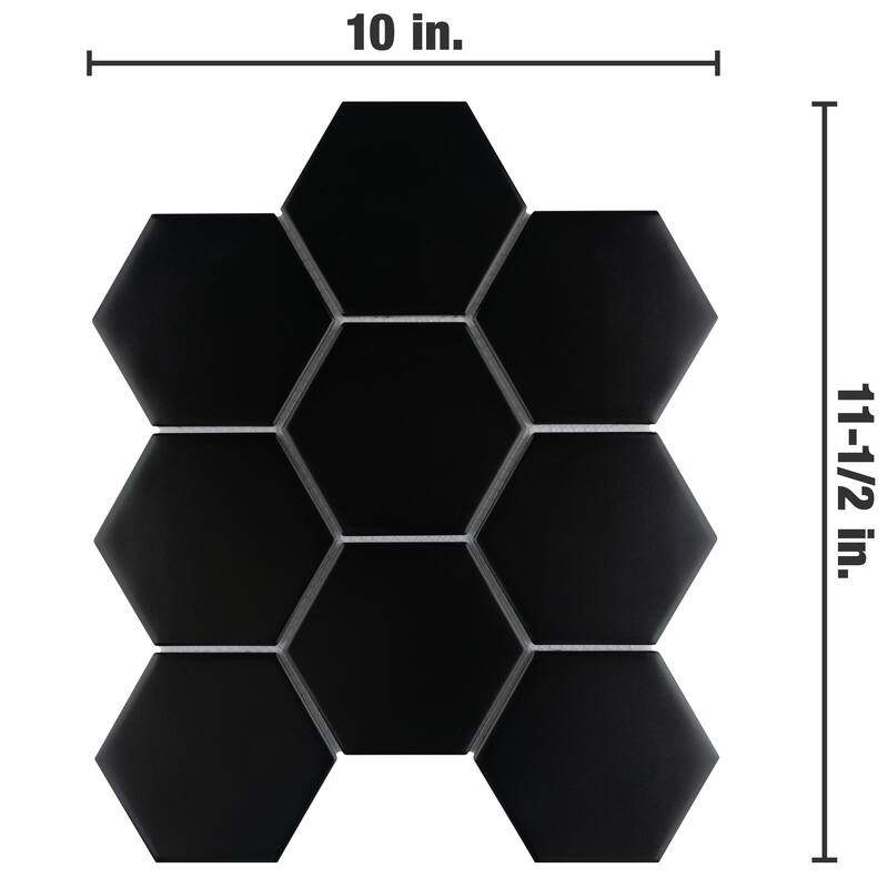 Merola Tile Metro 4" Super Hex Matte Black 10" x 11-1/2" Porcelain Mosaic Tile