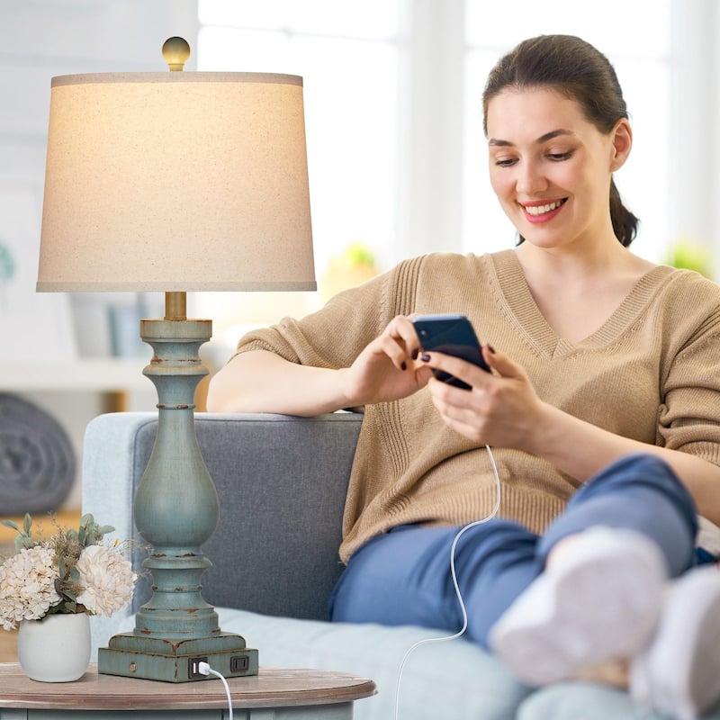 Set of 2 Blue Resin Drop-Style Table Lamps with 3-Way Touch Dimming and Charging Ports