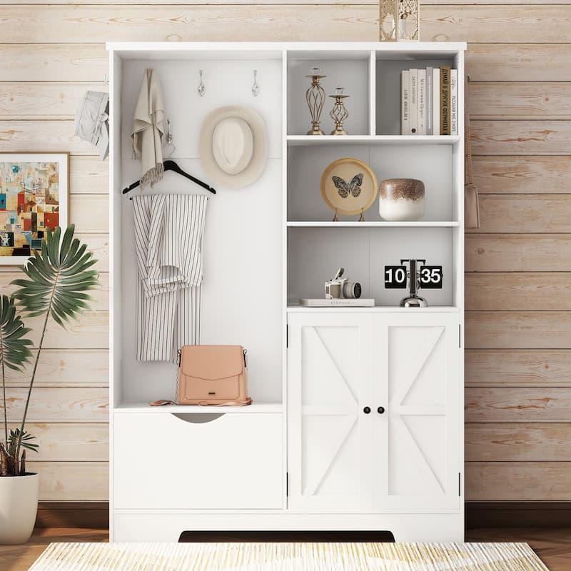 Multi-functional Hall Tree with Bench and Shoe Storage,Entryway Hall Tree with Coat Rack - White