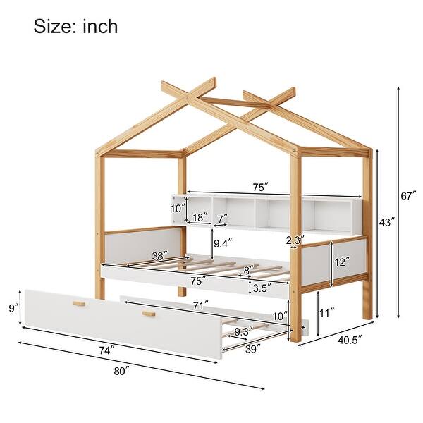 Wooden Twin Size House Bed with Twin Size Trundle and Bookshelf