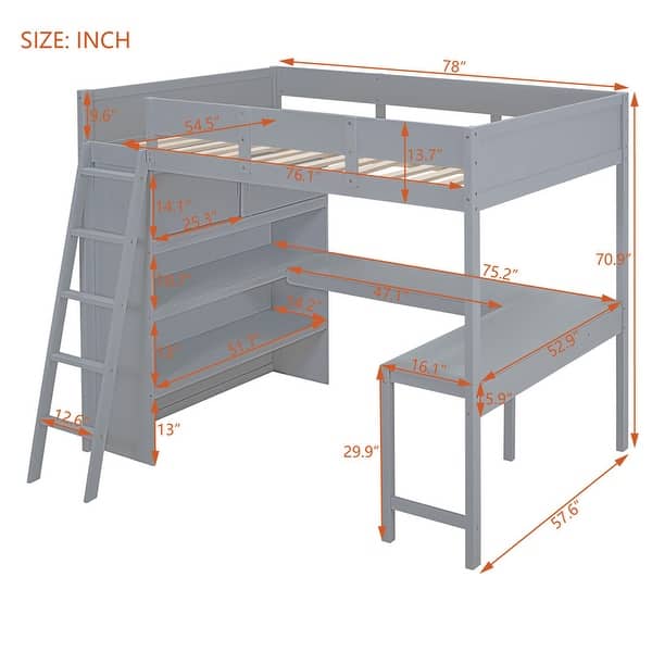 dimension image slide 0 of 2, Full Size Loft Bed with Desk, Storage Shelves and 2 Sliding Doors, Multifunctional Kids Bed Frame with Ladder and Guardrail