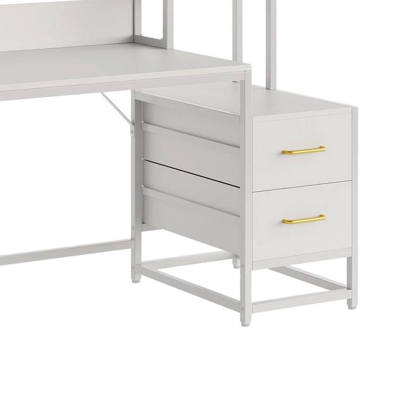Computer Desk, 2 Drawers, Open Shelf Hutch, White Metal, 60 Inch