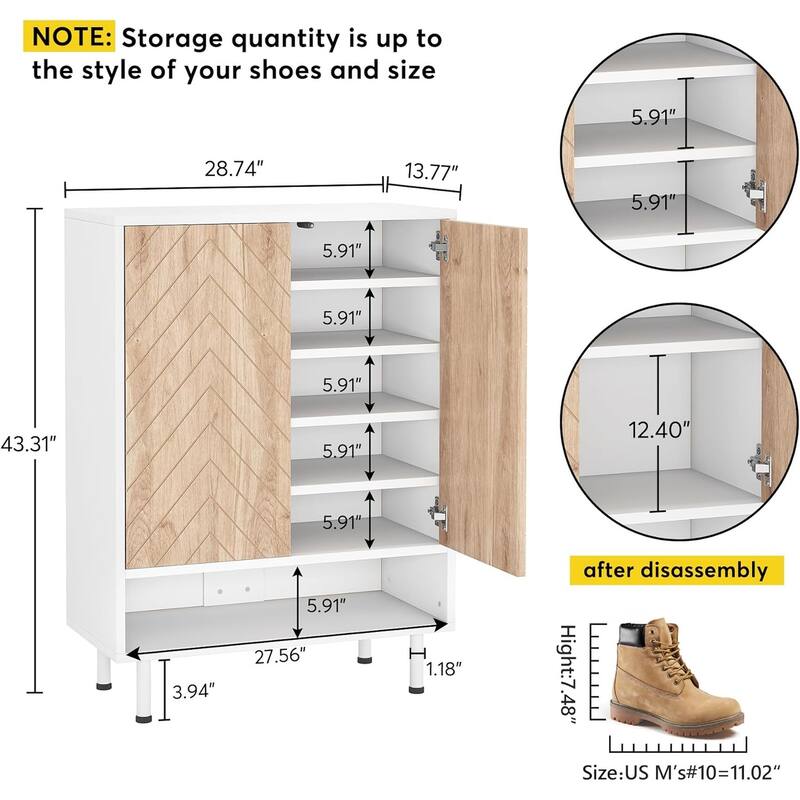 5-Tier White MDF Shoe Cabinet with Rustic Herringbone Design for Entryway or Bedroom - 28.74”L x 13.77”W x 43.31”H