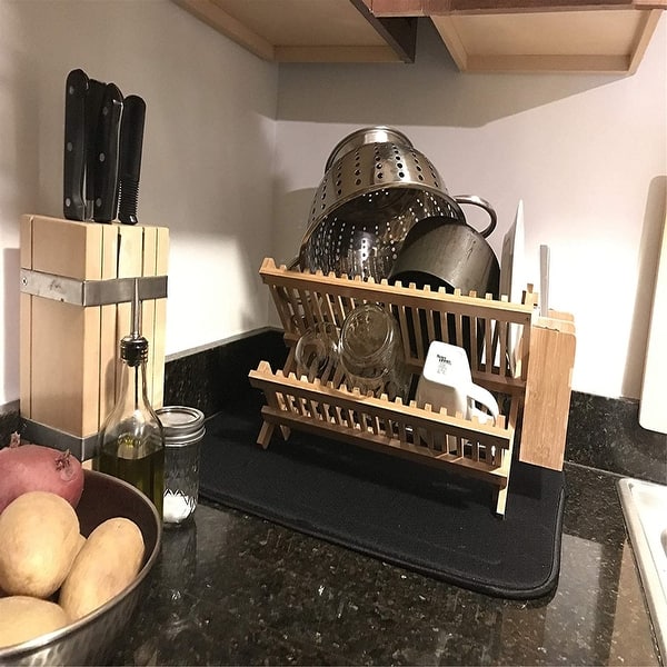 Collapsible Bamboo Drying Dish Rack 2 Tier Level Folding Dish Rack for  Counter Top Quick Dry Wooden Wood Dish Drainer