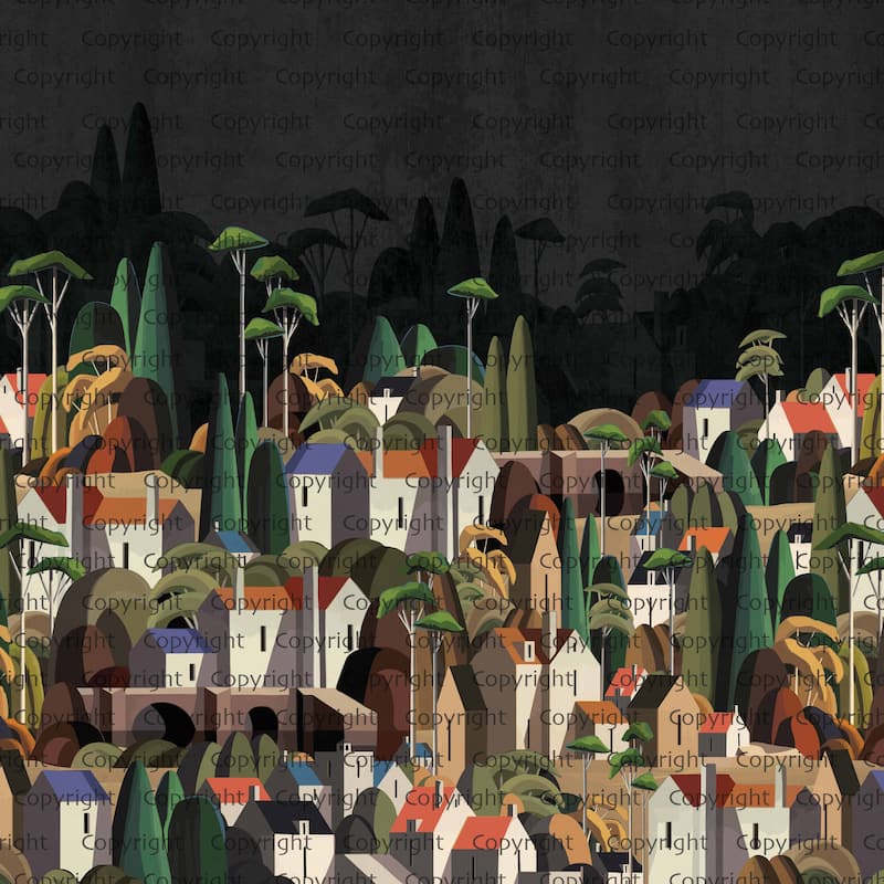 Moody Village Landscape Wallpaper Mural - Green - W:225" x H:118"