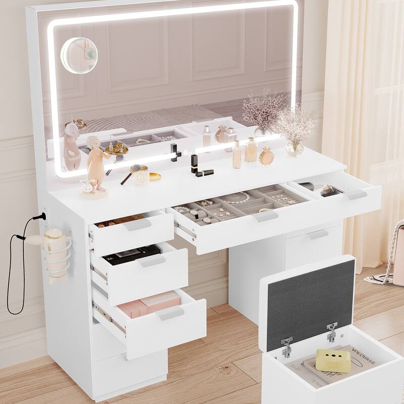 Moasis Makeup Vanity Table Set with Large LED Lighted Mirror and 11 Drawers - 46"L*11.7"W*55.9"H