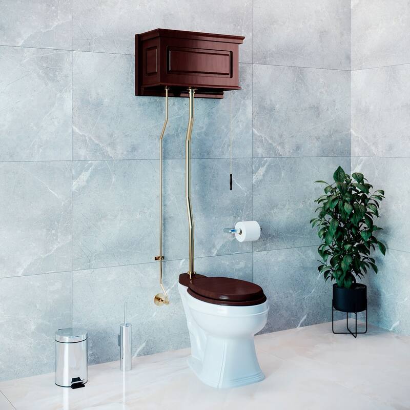 Light Oak Wooden High Tank Toilet Flat Tank, White Elongated Bowl and Brass Z Pipe