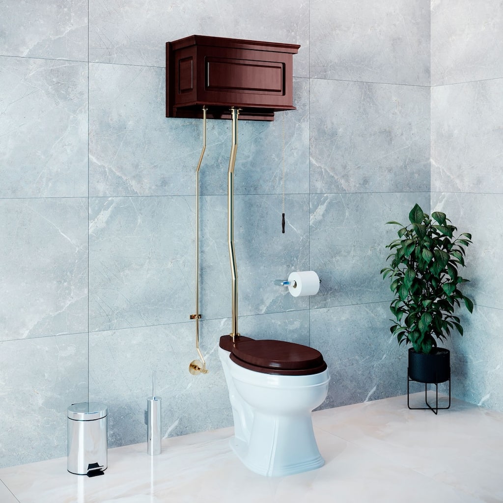 Light Oak Wooden High Tank Toilet Flat Tank, White Elongated Bowl and Brass Z Pipe