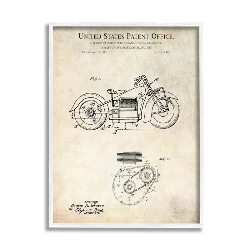 Stupell Vintage Motorcycle Shaft Drive Machinery Blueprint Diagram Framed Wall Art - Beige