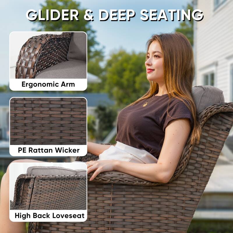 Patio Loveseat with Swivel Chair and Coffee Table - Grey cushion - Brown
