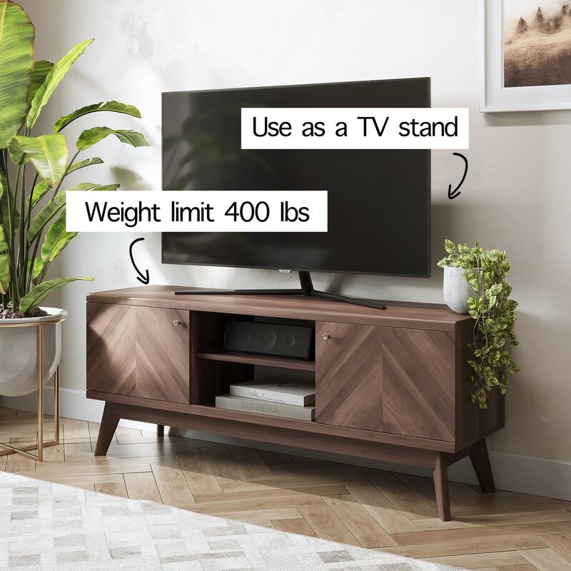 Living Skog Scandi Mid-Century Modern Herringbone TV Stand for TV Up to 65 Inches with Wooden Legs