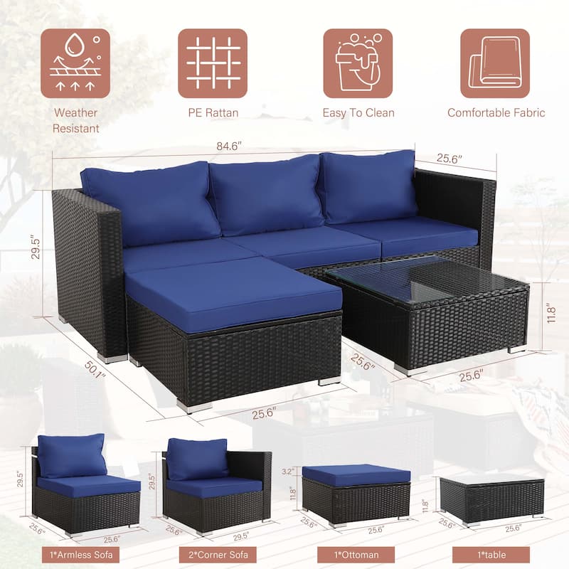 Vrakae Oversize 5 Piece Outdoor Patio Rattan Wicker Sectional Set