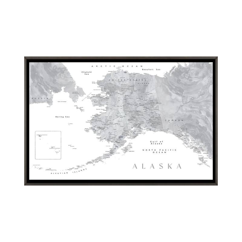 iCanvas "Gray Watercolor Detailed Map Of Alaska" by blursbyai Framed - Charcoal - 18x26
