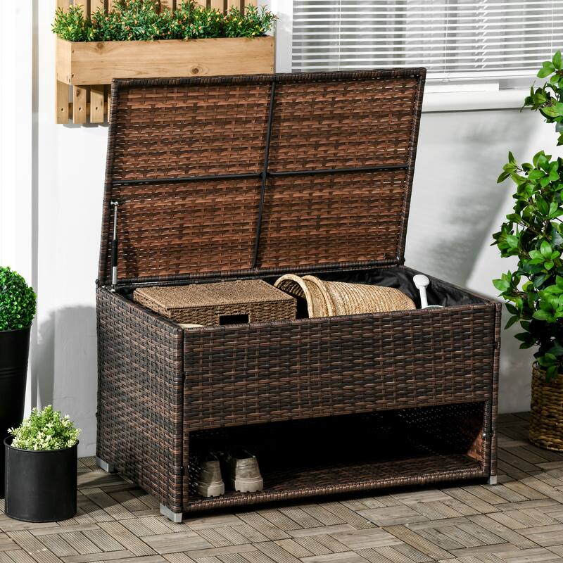 Outsunny Outdoor Deck Box & Shoe Storage, PE Rattan Wicker Towel Rack with Liner