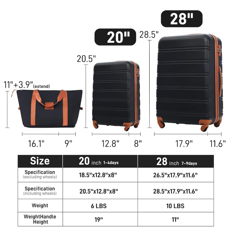 2-Piece Modern Luggage Sets, Hard-Shell Luggage with 360° Swivel Spinner and TSA Lock, for Boarding Travel, Black+Brown