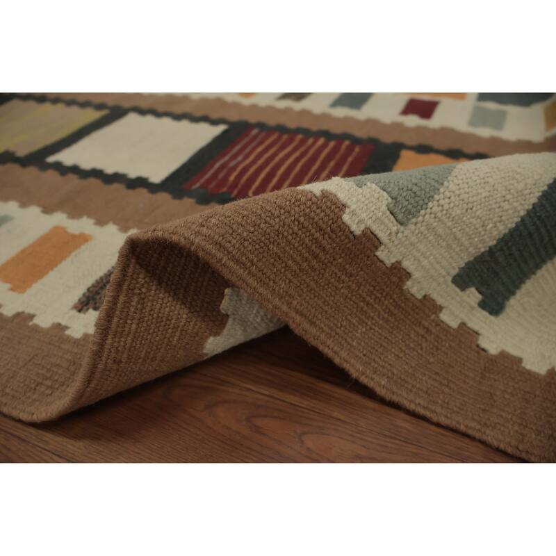 Hand Woven Oriental 100% Wool Carpet Southwestern Tribal Brown Kilim Area Rug - 14' 2'' X 11' 10''