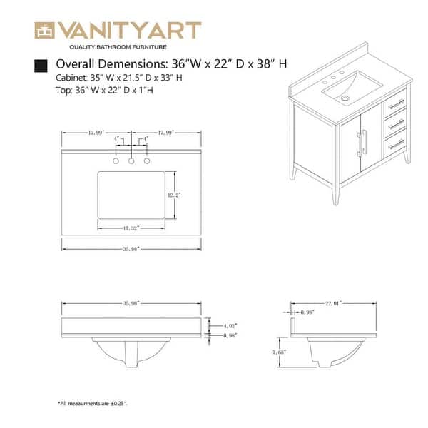Vanity Art 36 in. W x 22 in. D x 34 in. H Single Sink Bathroom Vanity Cabinet in Cashmere Gray with Engineered Marble Top