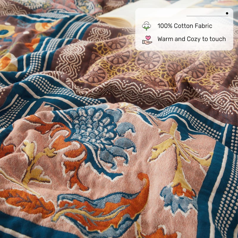 100% Cotton Boho Floral Thermal Breathable Jacquard Throw Blankets