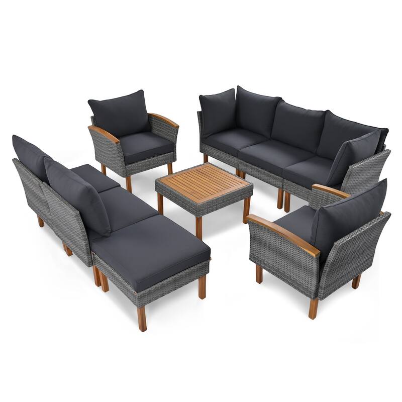 9-Piece Patio Rattan Conversation Set with Coffee Table & Washable Cushion