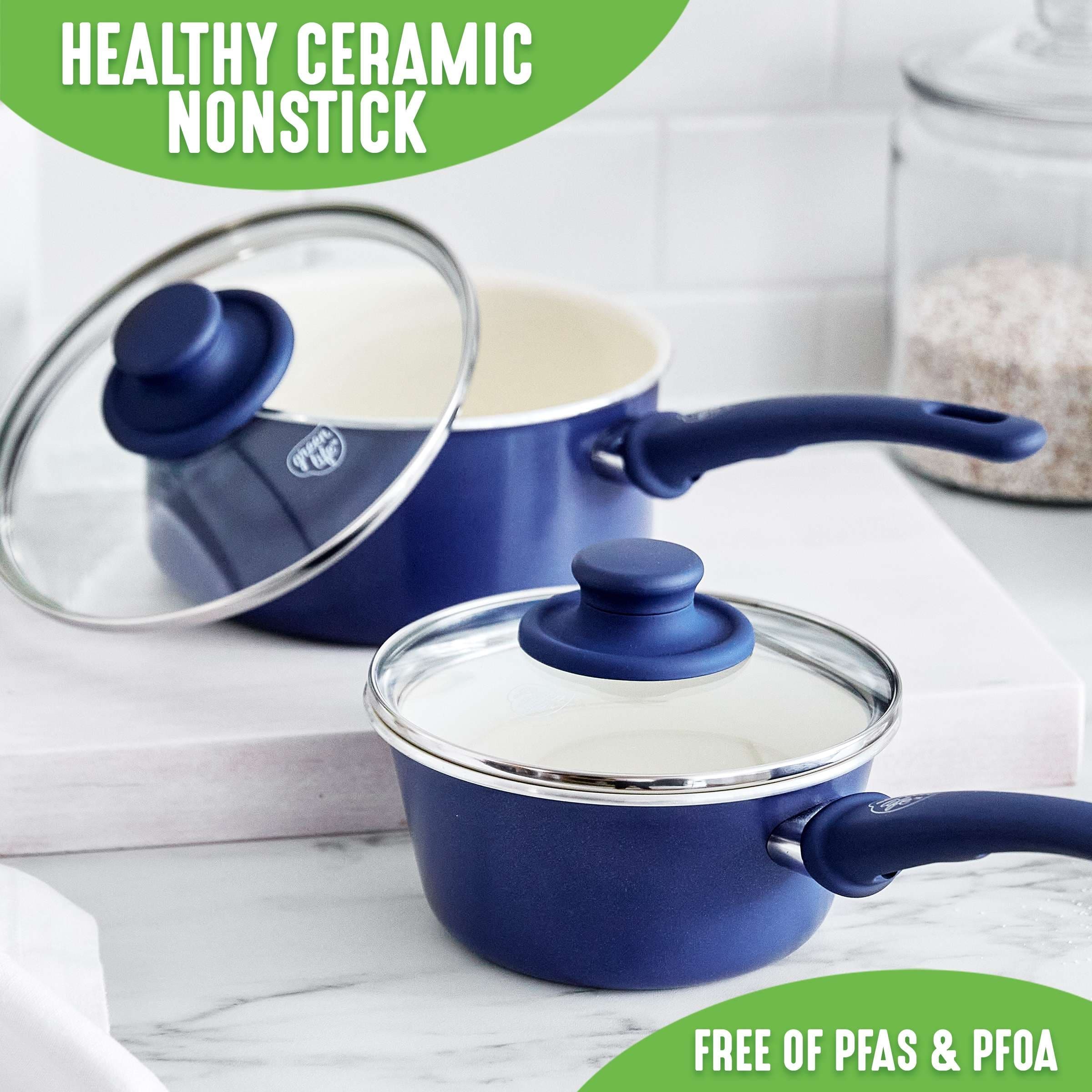 GreenLife Soft Grip Healthy Ceramic Nonstick, 1QT And 2QT Saucepan Pot Set  With Lids, Dishwasher Safe