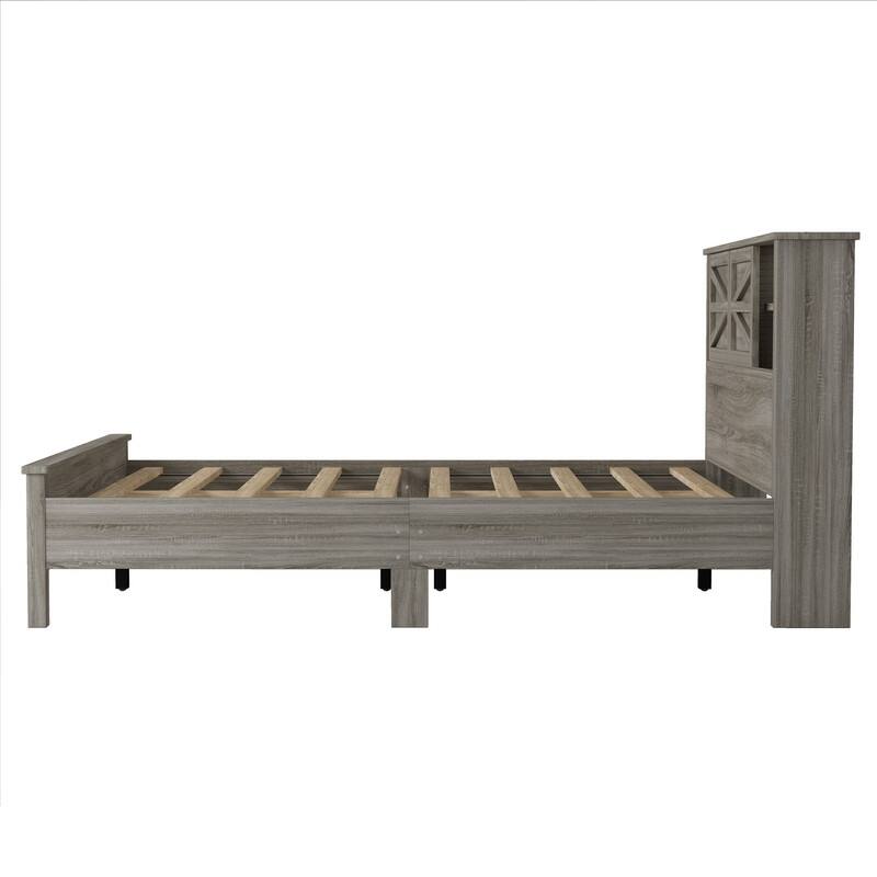 Farmhouse Style Platform Bed with Sliding Barn Doors Storage Headboard, Full/Queen Size Wood Bed Frame with Charging Station