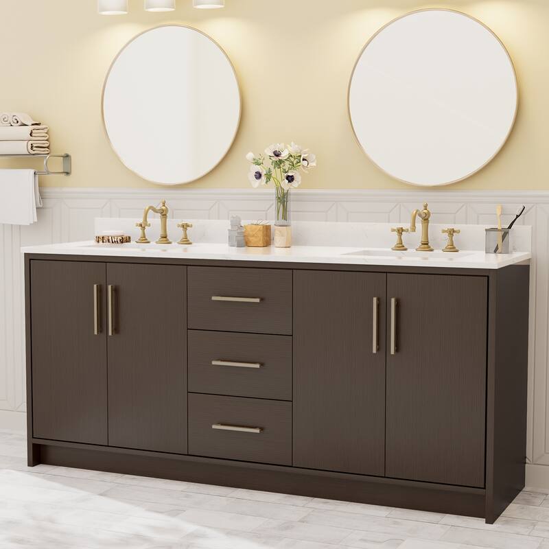 72-Inch Modern Style Bathroom Vanity with Double Ceramic Sink - Dark Wood