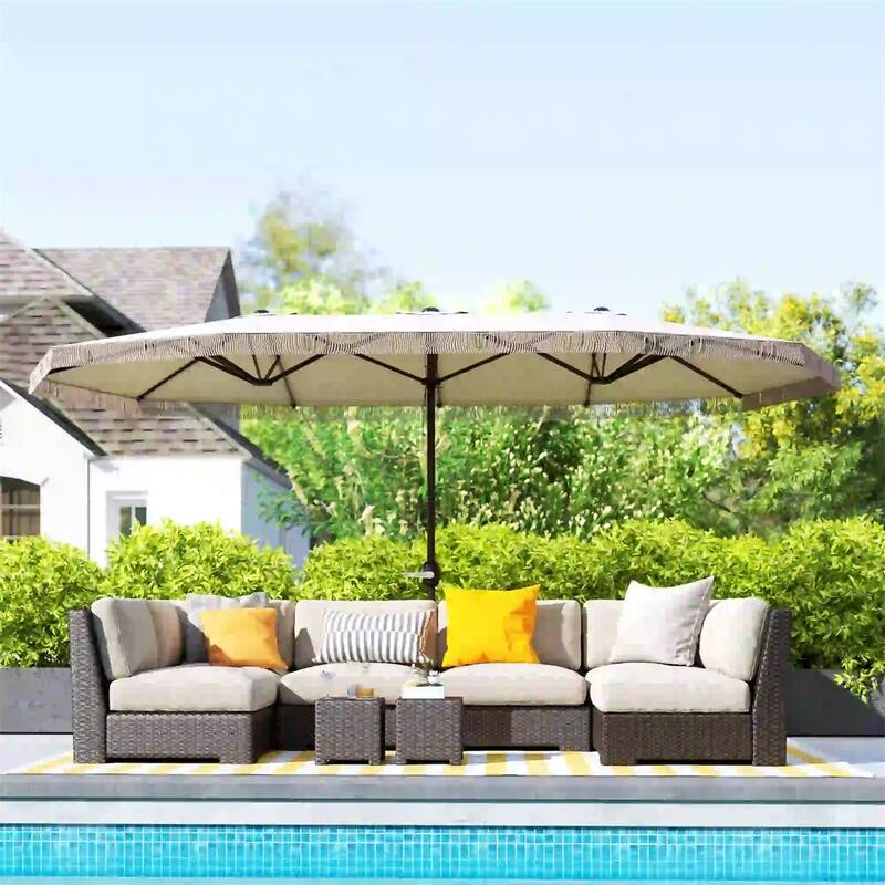 Large Double Rectangle Patio Umbrella with Crank Lift and UV Protection Steel Pole Fringe