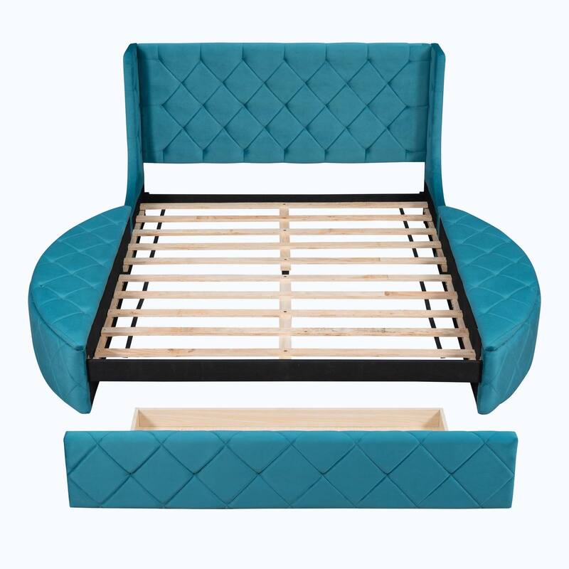 Queen Size Upholstered Platform Bed with Wingback Headboard and 1 Big Drawer,2 Side Storage Stool
