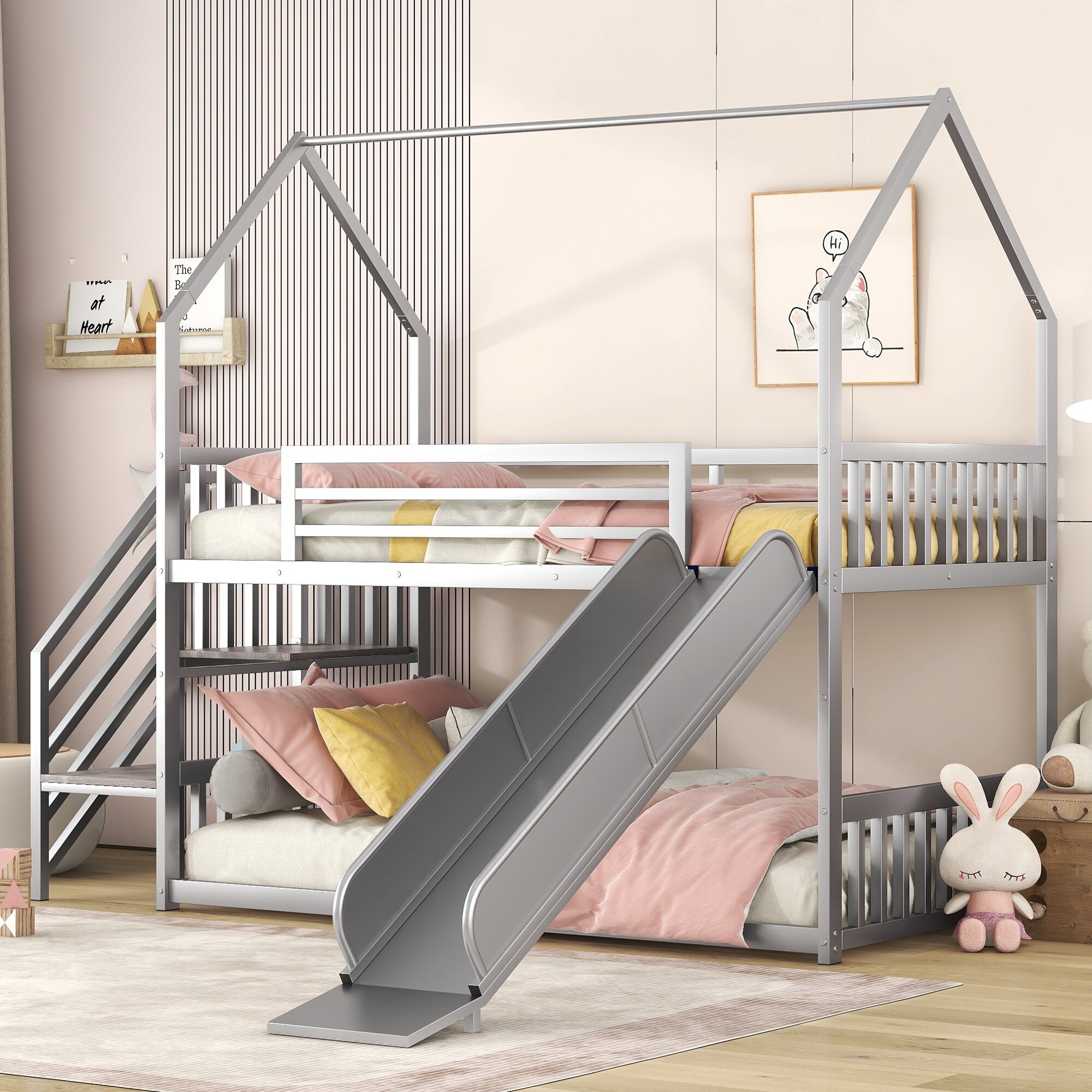Silver Twin over Twin Metal Bunk House Bed with Convertible Slide, Storage Staircase