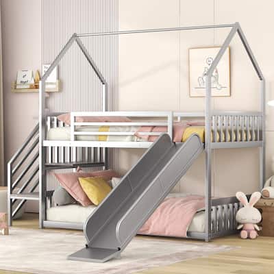 Silver Twin over Twin Metal Bunk House Bed with Convertible Slide, Storage Staircase