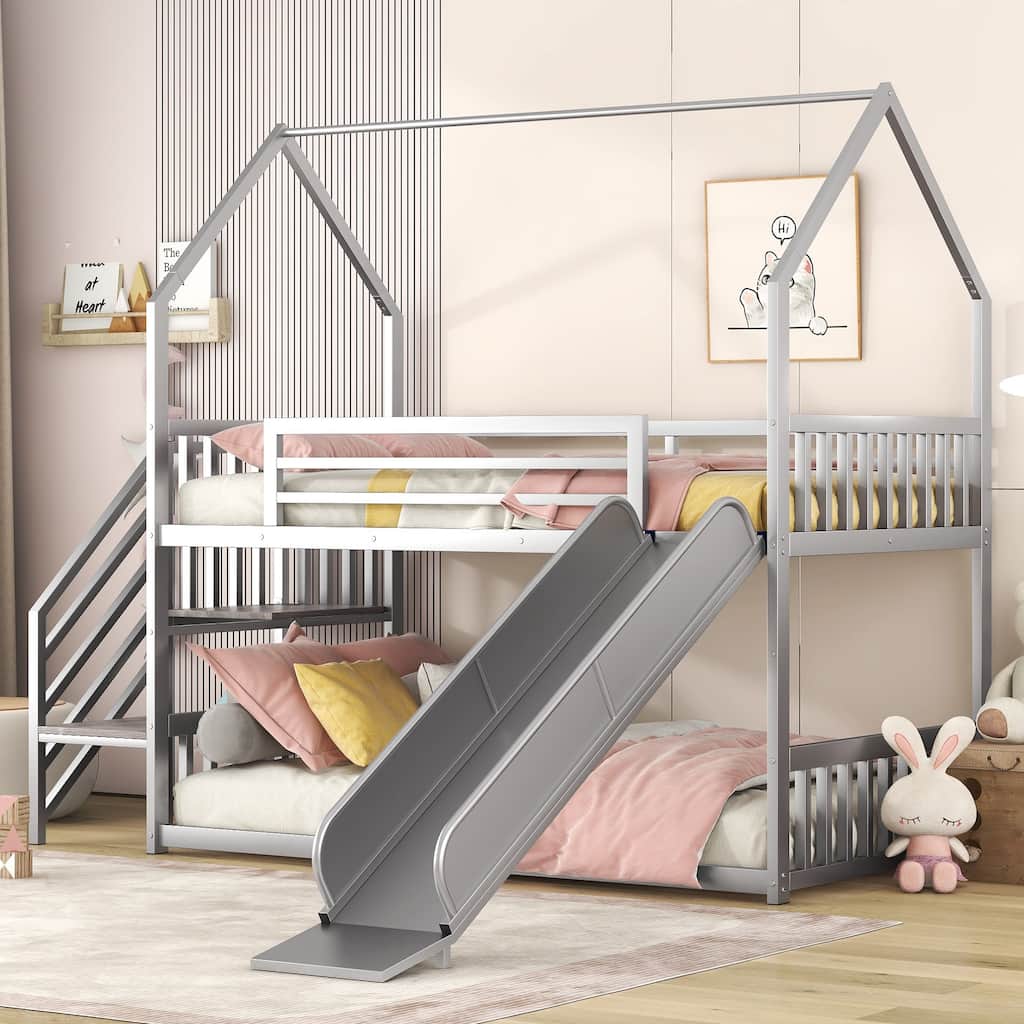 Twin Over Twin Metal Bunk Bed with Slide and Staircase, Silver