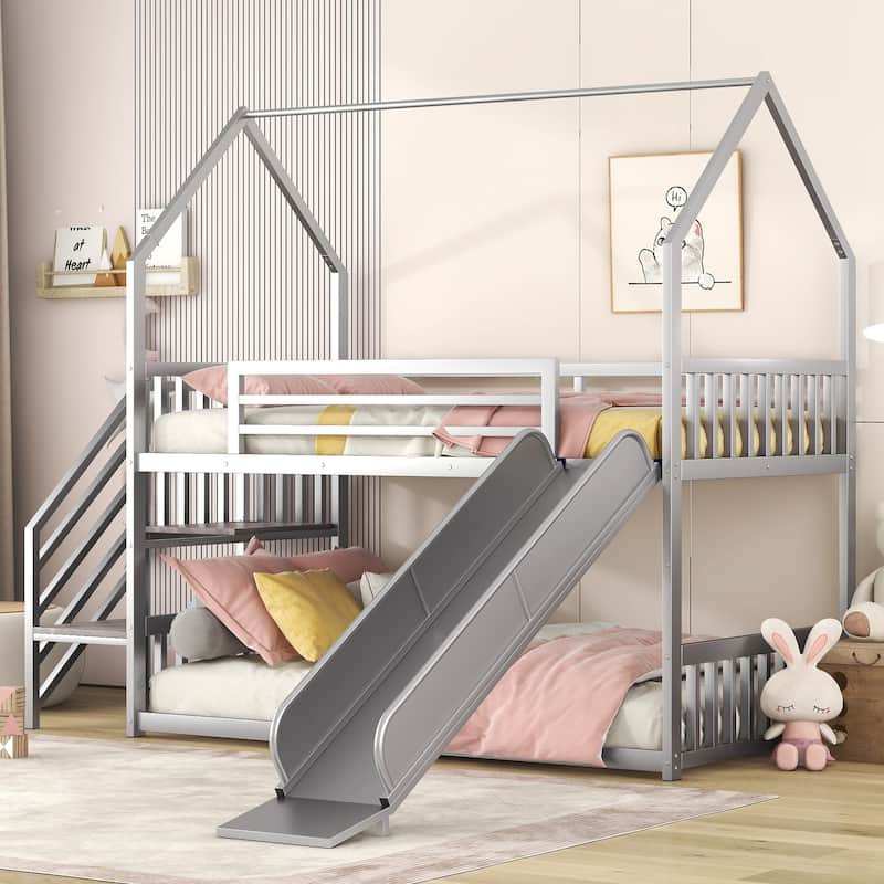 Twin over Twin Metal Bunk Bed House Bed with Slide and Staircase, Silver - Silver