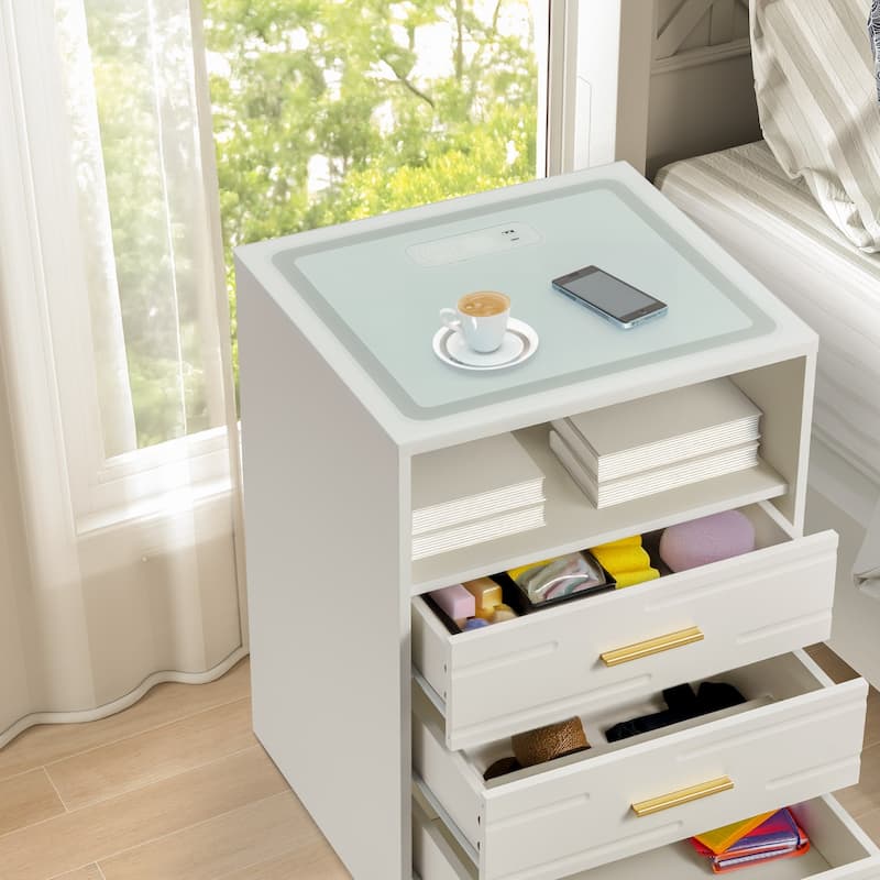 EROMMY Smart Nightstand with Wireless Charging, USB Ports, and Adjustable LED Lighting – Modern Bedside Table with 3 Drawers