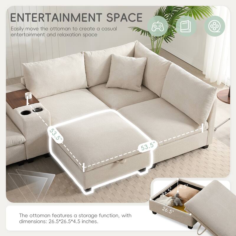 140" Corduroy U-Shaped Modular Sectional Sofa with Storage & USB