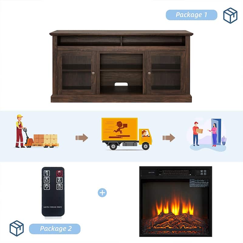 60"W Retro Electric Fireplace TV Stand, Adjustable Shelves&Cabinets - 60"W*15.75"D*29"H