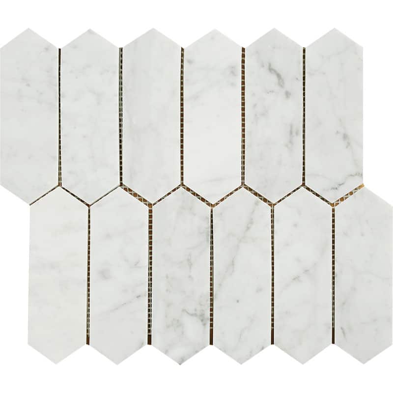 Carrara Marble 2" x 6" Long Hexagon Polished Mosiac Tile - 5 Sheets (4.35 sf) - White