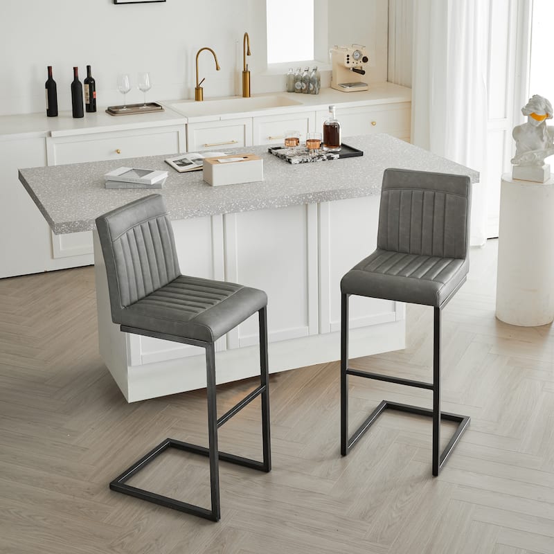 Set of 2 Gray Faux Leather Bar Stools, Padded Seat with Black Metal Frame, Counter Height