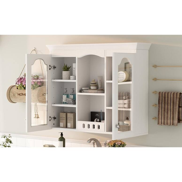 Wall Mounted Bathroom Storage Cabinet, Medicine Cabinet with Glass Doors & Open Shelves, Over The Toilet Storage Cabinet
